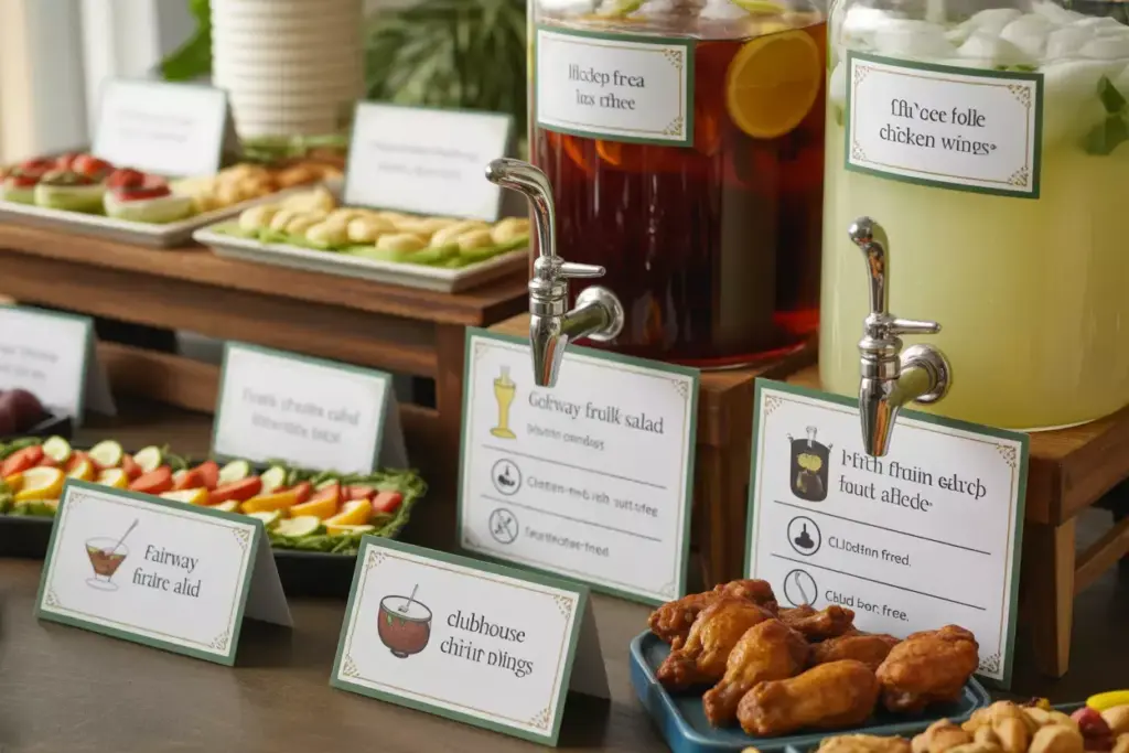 An Elegant Buffet Table With Golf Themed Food Labels And Allergy Information For Party Guests