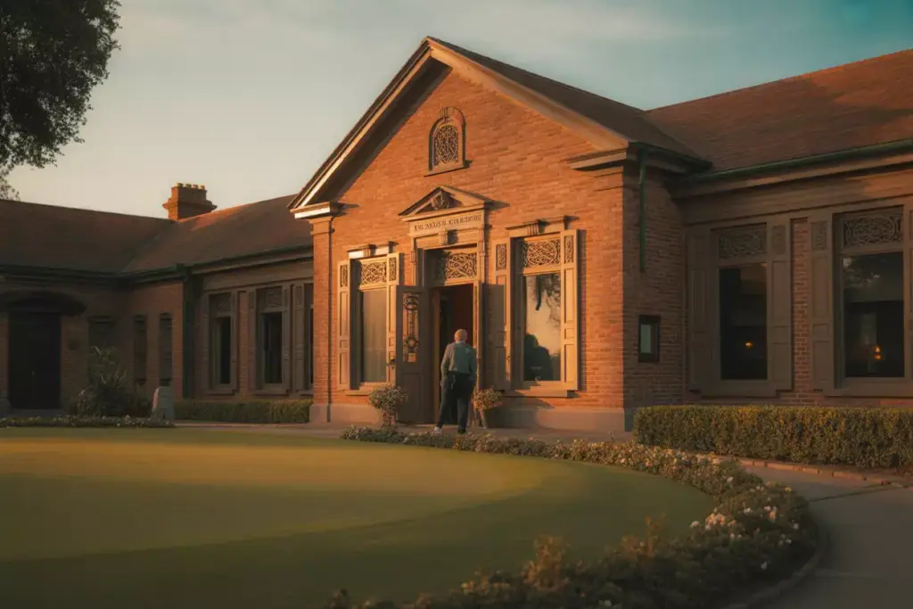 Georgian Colonial Red Brick Clubhouse With Manicured Lawn At Golden Hour