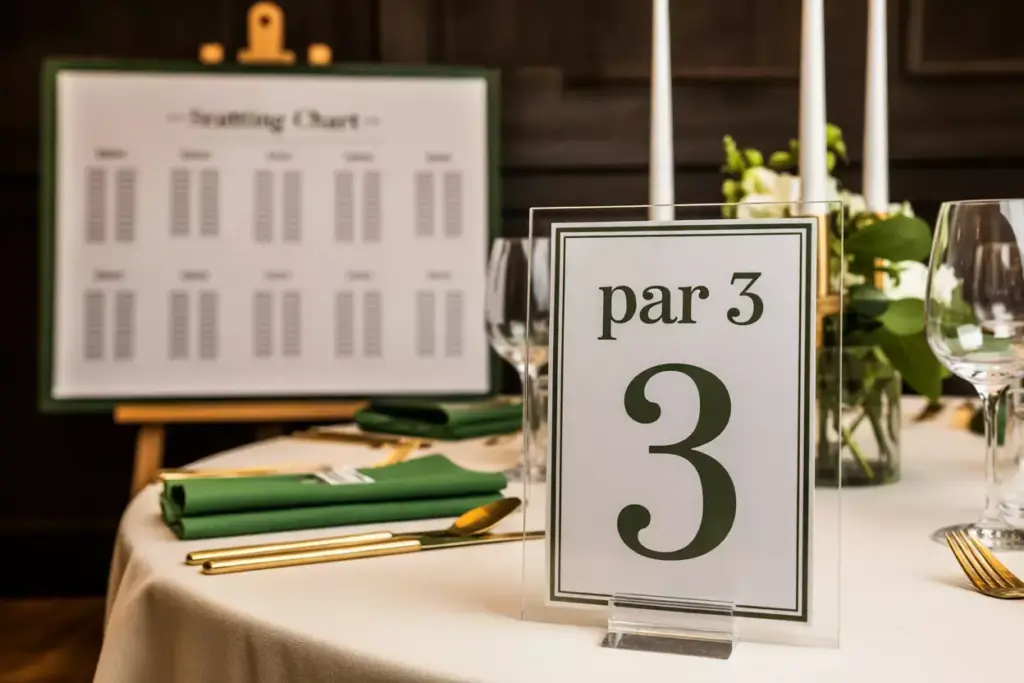 A Set Party Table With A Golf Themed Table Number And A Seating Chart In The Background