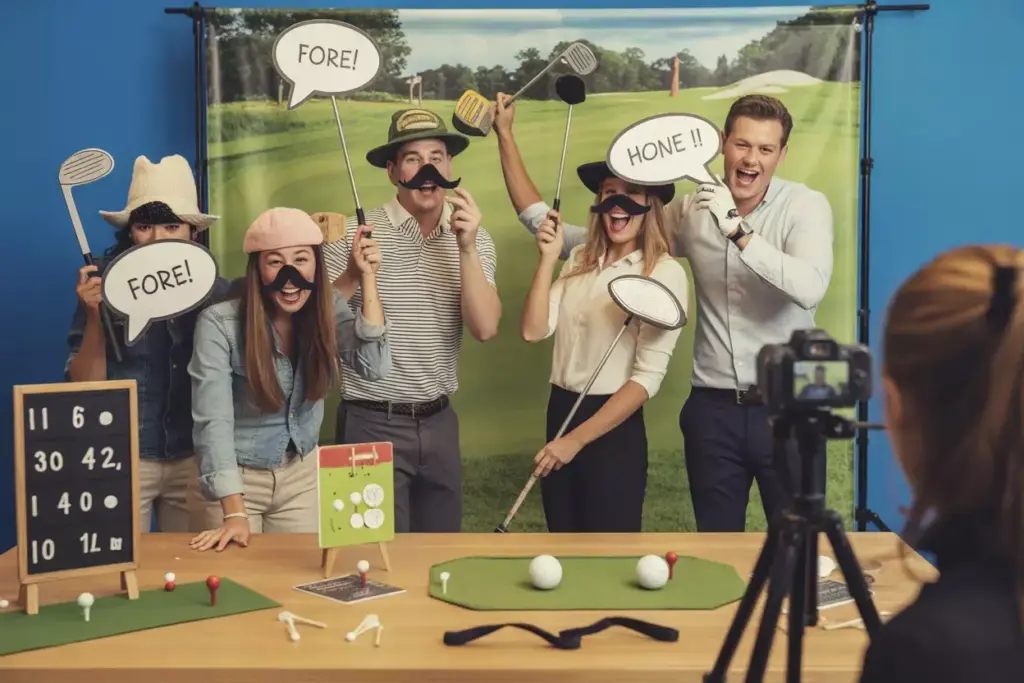 Guests Using Oversized Golf Clubs And Fun Props At A Photo Booth With A Golf Course Backdrop