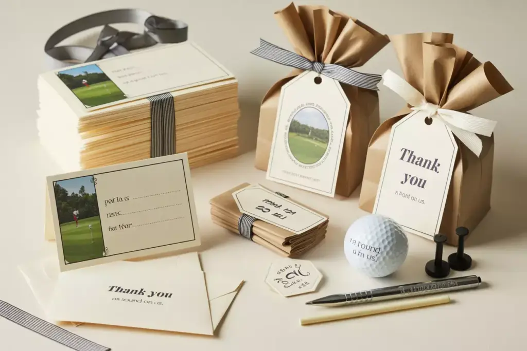 A Stylish Arrangement Of Printed Golf Themed Thank You Cards And Favor Tags With Golf Gifts