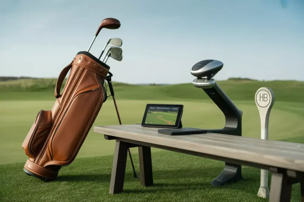 Vintage Golf Bag And Modern Gps Unit On Historic Course Tee Box