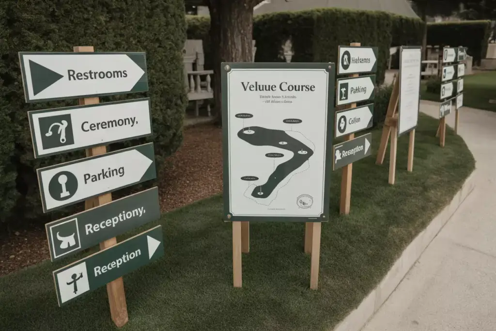 Outdoor Directional Signs With Golf Motifs Guiding Guests Along A Garden Path At A Party
