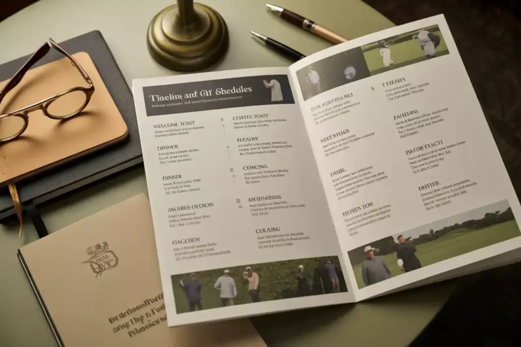A Detailed Printed Event Schedule Booklet For A Formal Golf Celebration On A Wooden Table