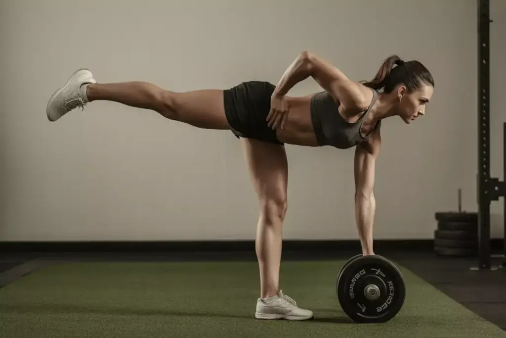 A Female Golfer Performing A Single Leg Romanian Deadlift With Rotation In A Gym For Stability