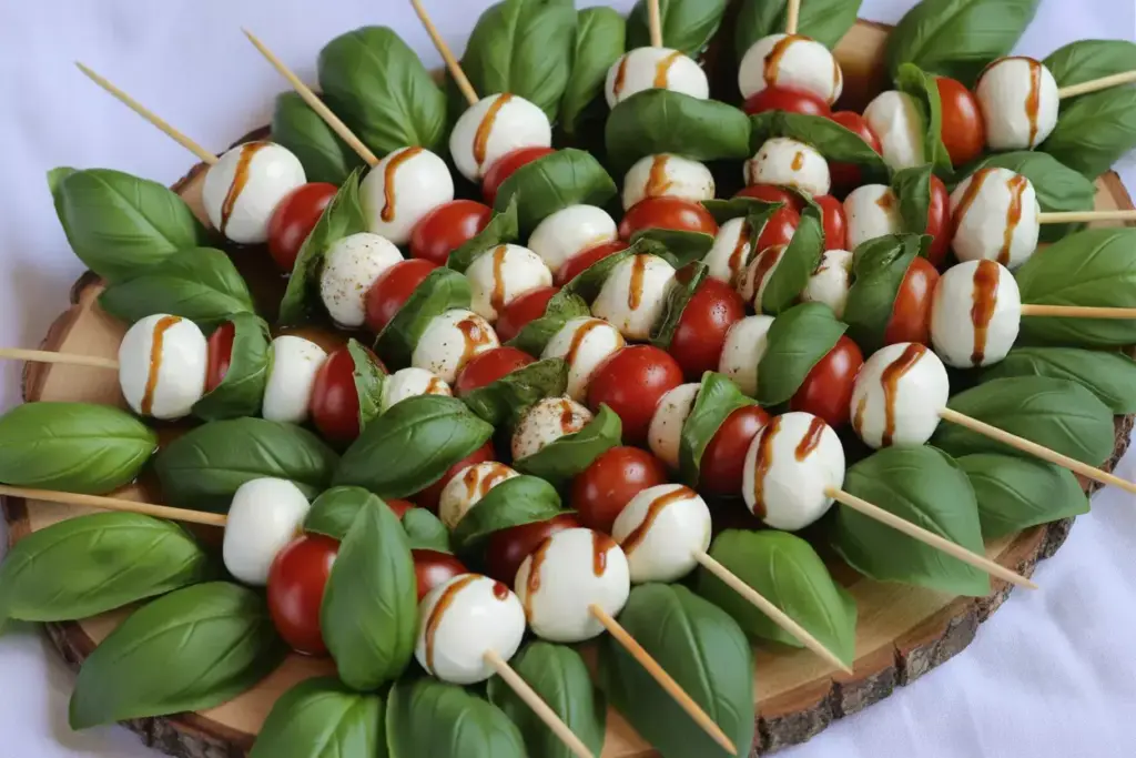 Fresh Mozzarella Golf Ball Caprese Skewers With Cherry Tomatoes Basil Balsamic On Wooden Platter