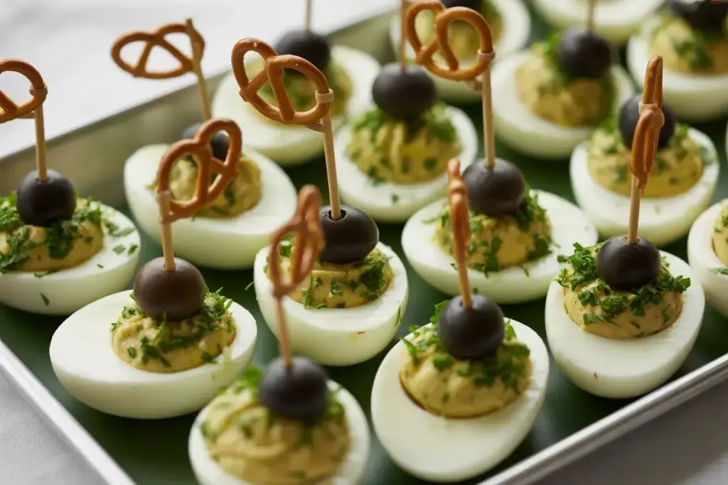 Deviled Eggs With Herb Grass Black Olive Golf Ball And Pretzel Flag Picks