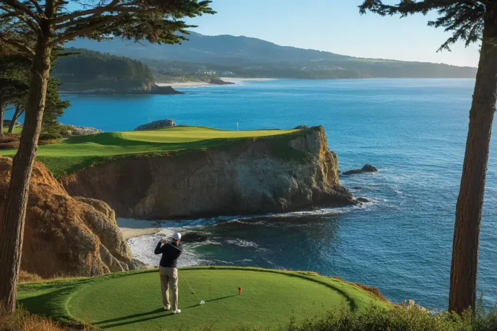 Pebble Beach 7Th Hole Par Three Pacific Ocean Cliff Golfer Teeing Off