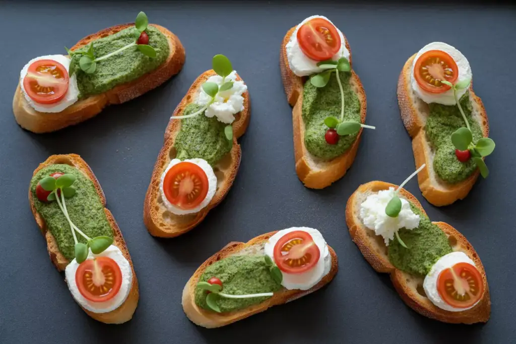 Toasted Baguette Slices With Green Pesto Grass Tomato Sand Traps Cheese Bunkers Microgreens