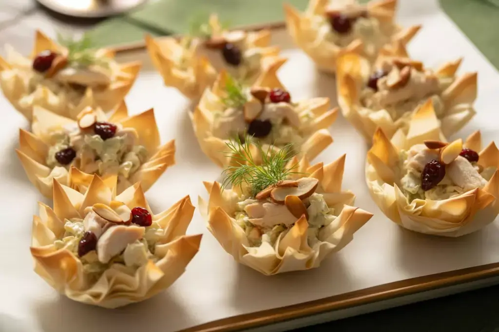 Golden Phyllo Cups Filled With Chicken Salad Cranberries Almonds Garnished With Fresh Dill