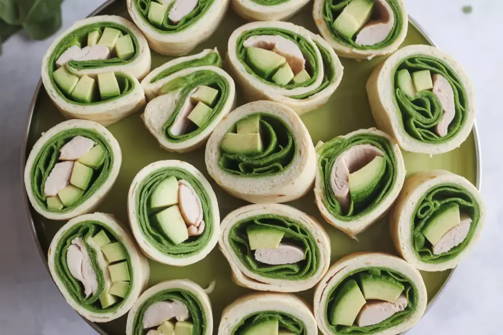 Spinach Tortilla Pinwheels With Green Goddess Dressing Cucumber Avocado Turkey Sliced Rounds