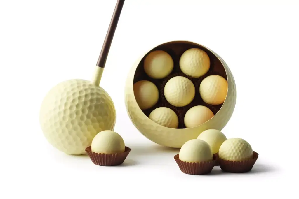 Dimpled White Chocolate Golf Ball Truffles Presented In A Clean Golf Ball Box