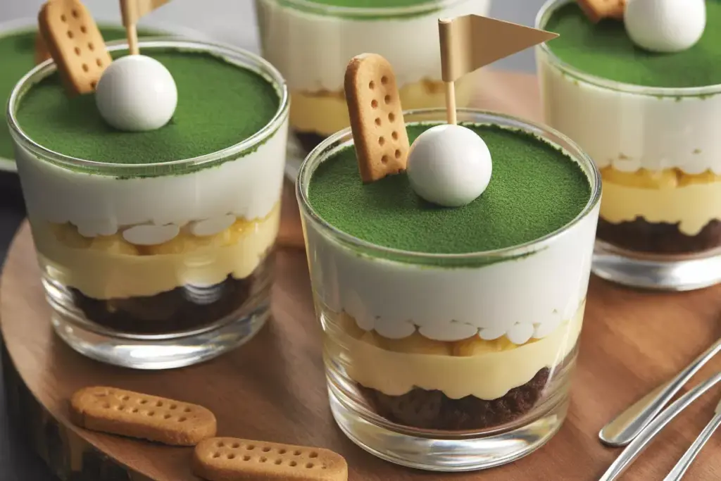 Layered Dessert Cups With Chocolate Crumbs Vanilla Pudding Green Cream White Chocolate Ball Cookie Flag