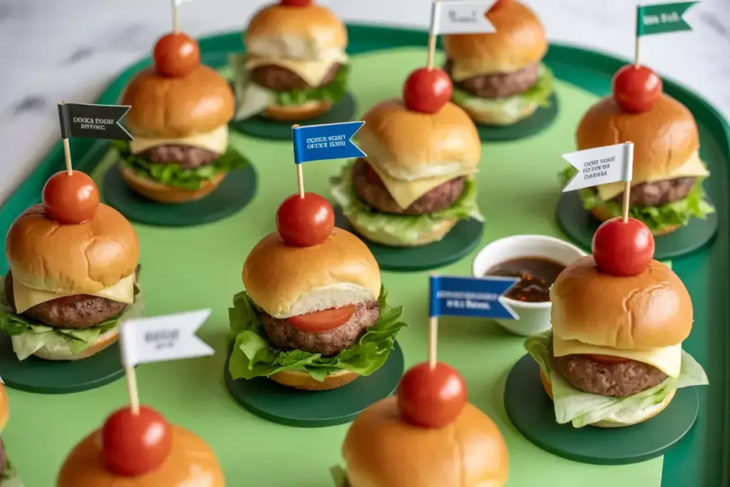 Hole In One Sliders On Green Platter With Cherry Tomato Golf Balls And Tee Picks