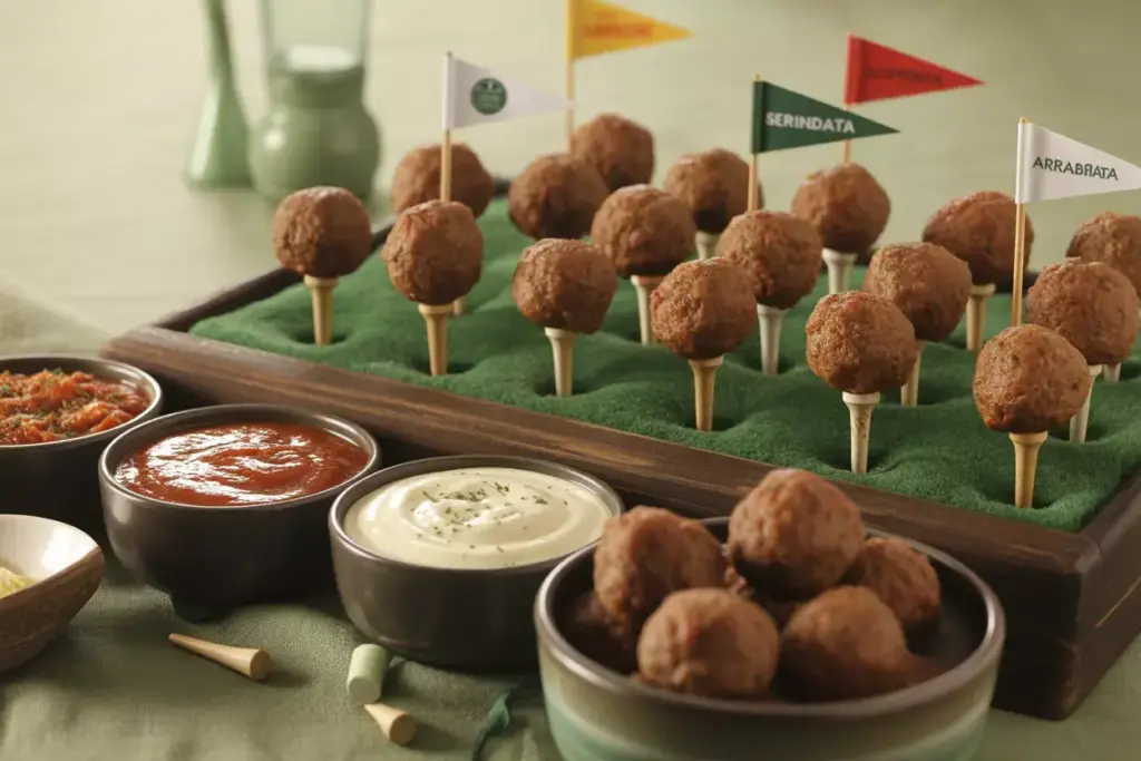 Tee Rific Meatballs On Golf Tees With Dipping Sauces On Green Serving Mat