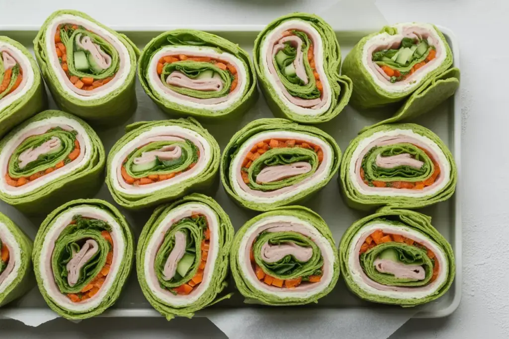 Fairway Wraps Green Spinach Pinwheels With Vegetables On White Platter