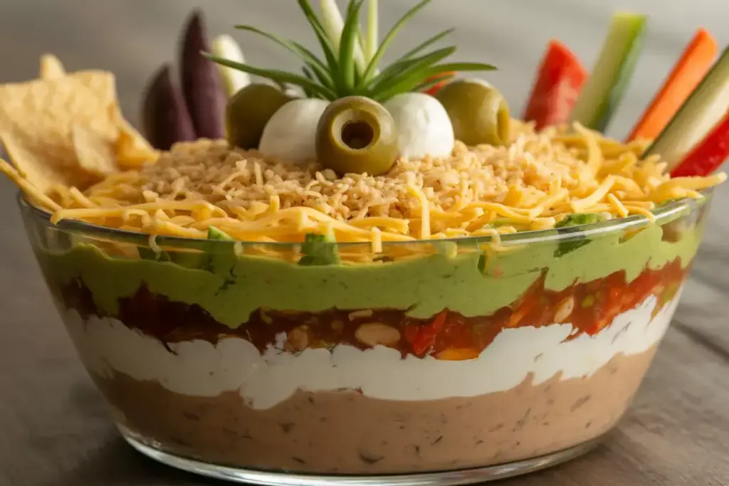 Sand Trap Dip Layered In Glass Bowl With Crushed Chip Topping And Olive Golf Balls