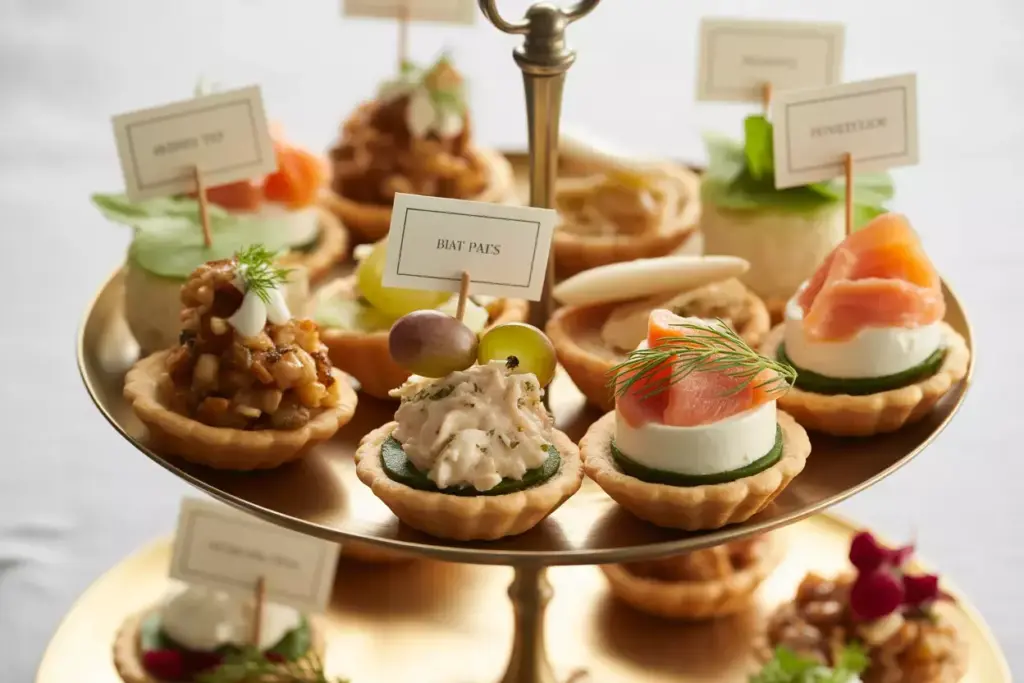 Birdie Bites Gourmet Canapes On Tiered Stand With Smoked Salmon And Herbs