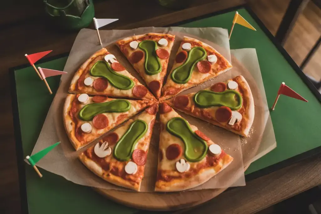 Par Fection Pizza With Golf Course Topping Pattern On Wooden Cutting Board