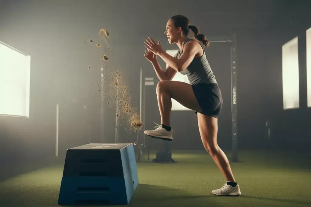 A Female Golfer Explosively Stepping Up And Driving Her Knee Up On A Plyo Box In A Gym