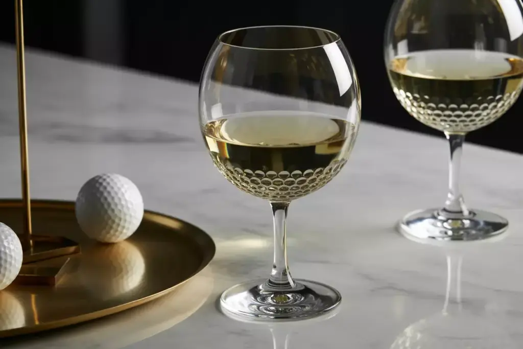 A Crystal Wine Glass With A Golf Ball Textured Base On A Dark Wood Surface