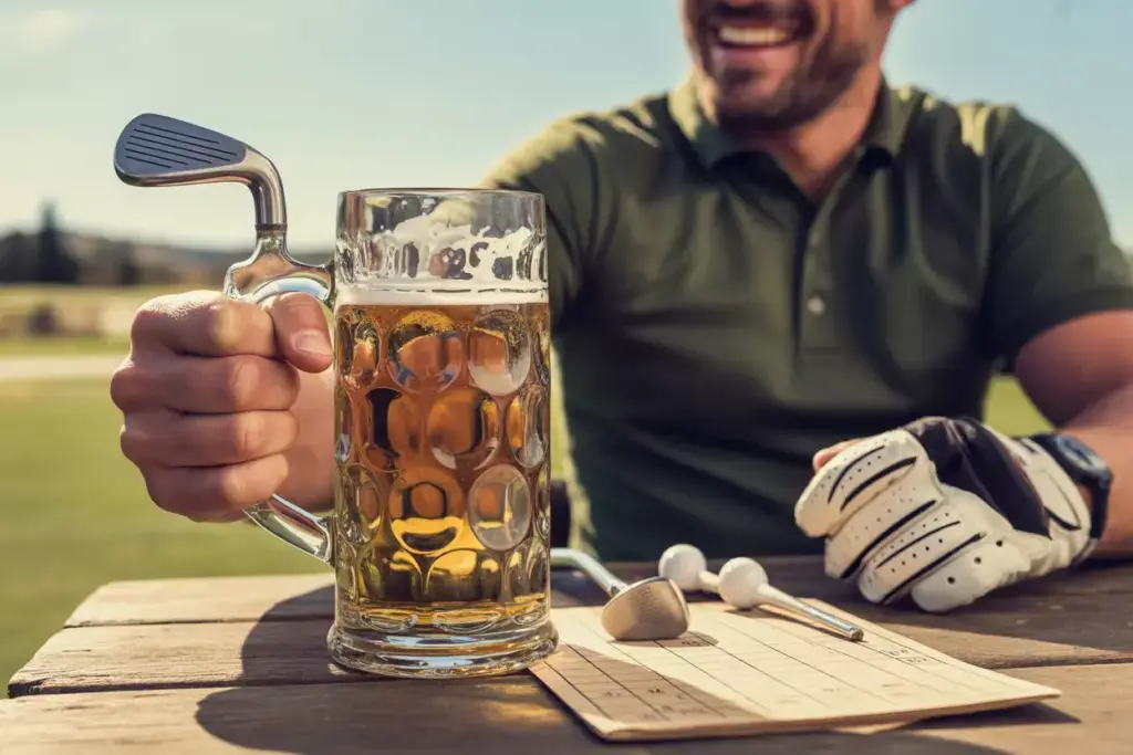A Ceramic Beer Stein With A Golf Club Shaped Handle On A Wooden Picnic Table