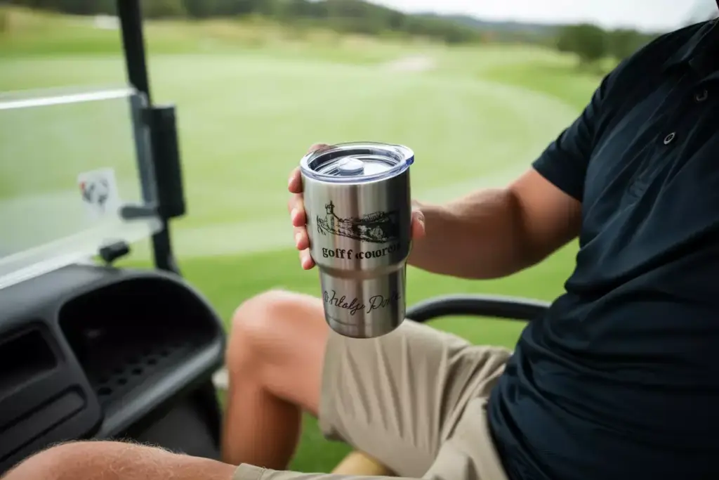An Insulated Stainless Steel Tumbler With A Golf Logo In A Golf Cart Cup Holder
