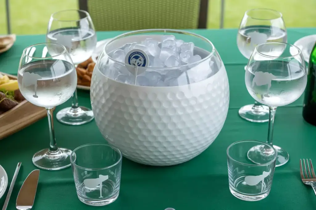 A Golf Ball Shaped Ice Bucket Surrounded By Matching Acrylic Glasses On A Table