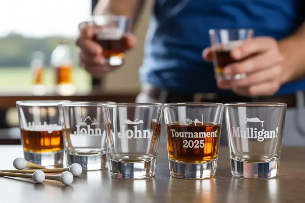 Personalized Shot Glasses With Golf Sayings And Names On A Bar Surface