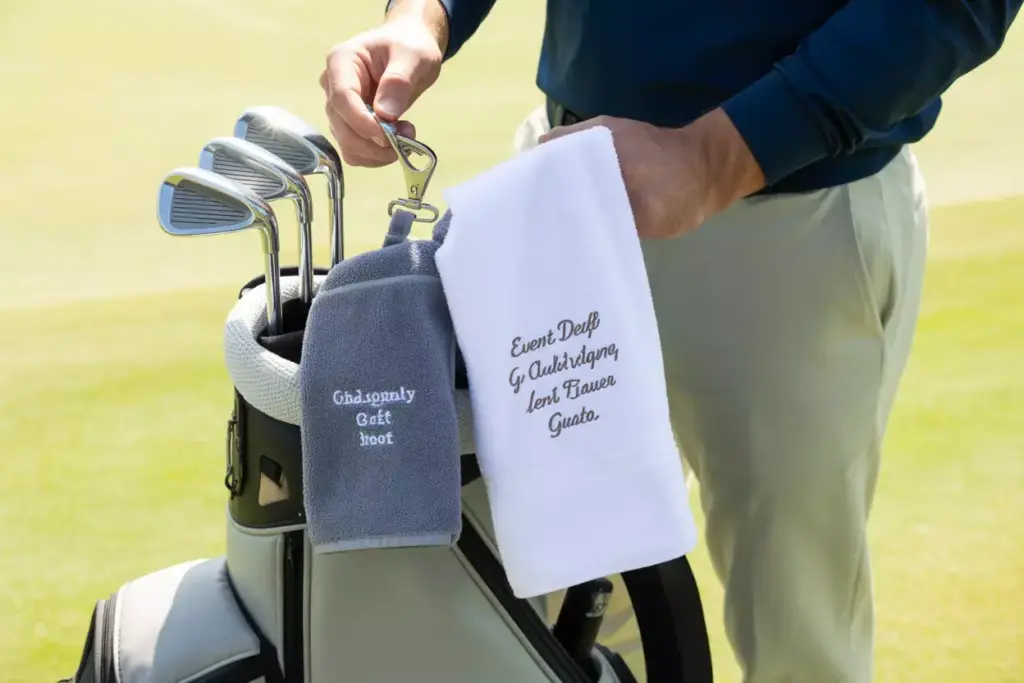 Premium Embroidered Microfiber Golf Towel With Clip Laid On Grass Near Golf Bag