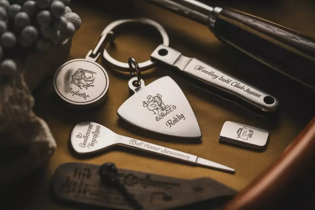 Close Up Of Engraved Metal Ball Marker Divot Tool And Keychain On Dark Wood