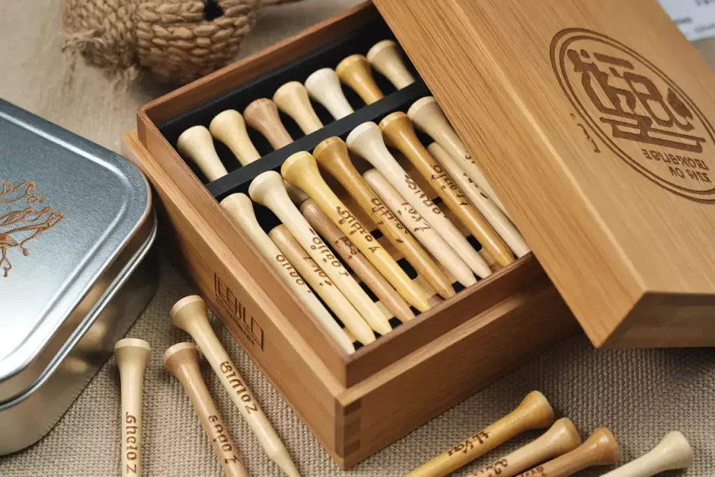 Laser Engraved Bamboo Golf Tees In Wooden Presentation Box With Sliding Lid