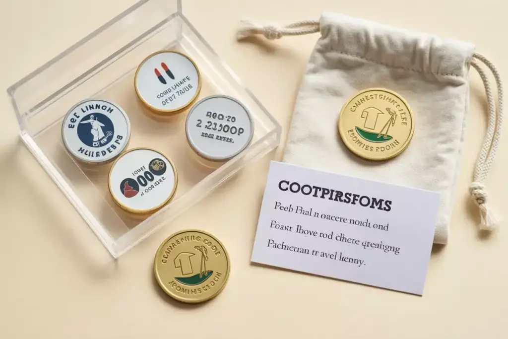 Custom Magnetic And Poker Chip Golf Ball Markers With Event Logo In Pouch