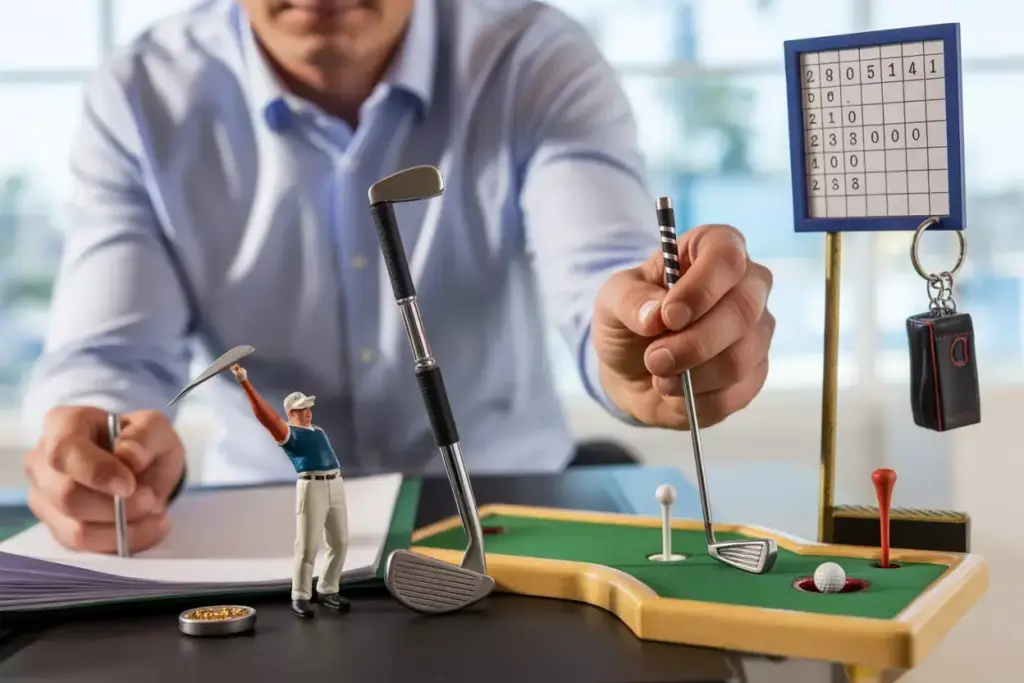 Miniature Golf Club Keychain Pen And Desktop Putting Set On Wooden Desk