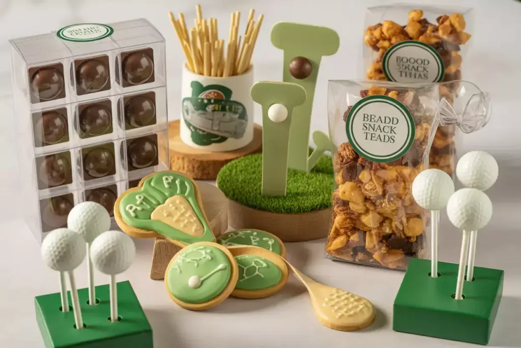 Golf Ball Chocolates Themed Cookies And Honey Sticks In Tee Shaped Containers