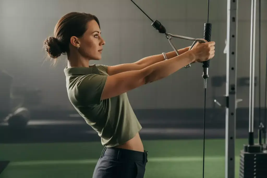 A Female Golfer In Golf Stance Holding A Cable Resisting Rotation For Core Stability In A Gym