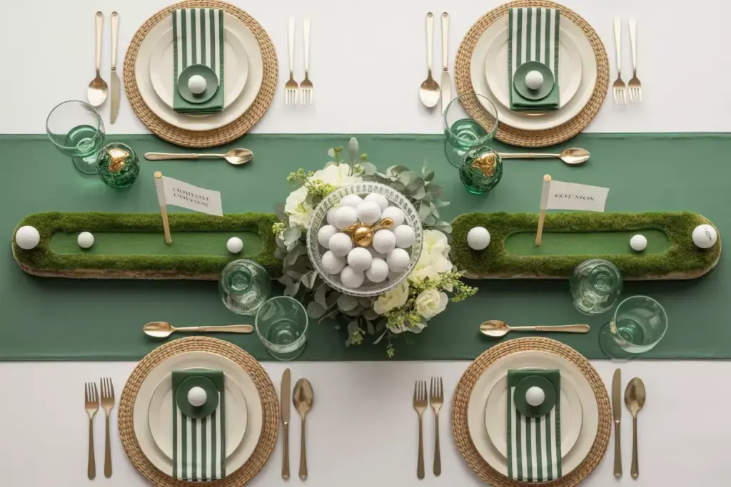 Golf Themed Table Setting With Forest Green Runner Crystal Bowl Golf Ball Centerpiece Miniature Putting Green And Vintage Club Dividers