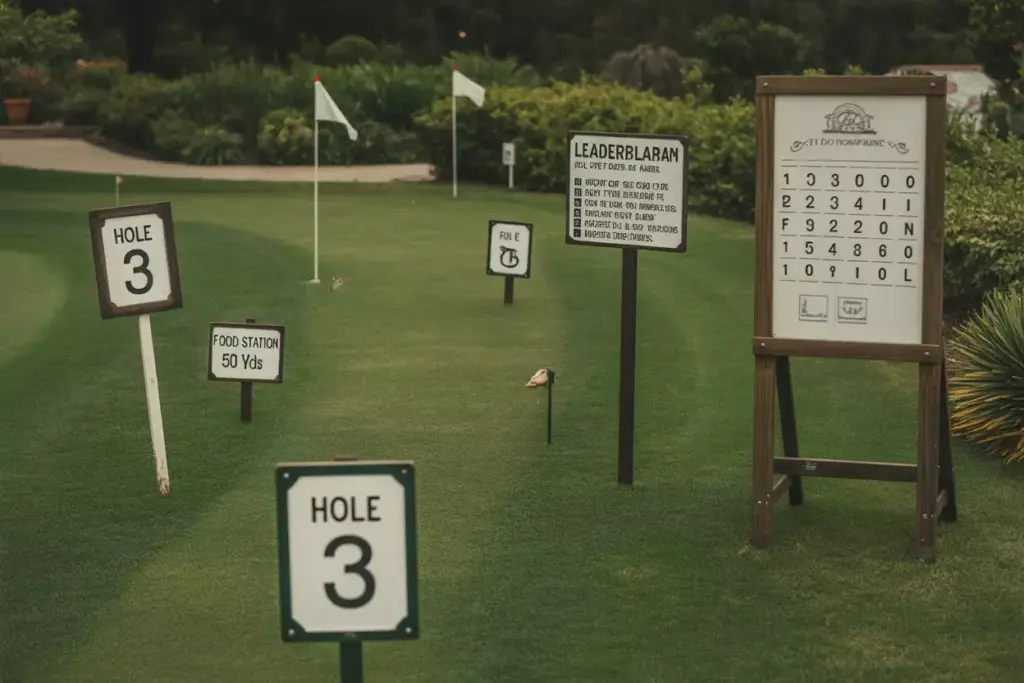 Professional Golf Course Signage And Directional Flags Guiding Guests At An Outdoor Party Venue