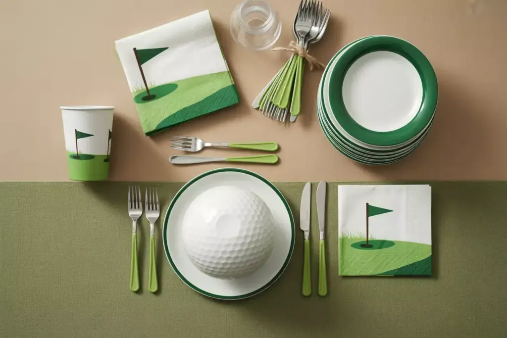 Flat Lay Of Golf Themed Tableware Including Dimpled Plates Green Handled Utensils And Striped Napkins