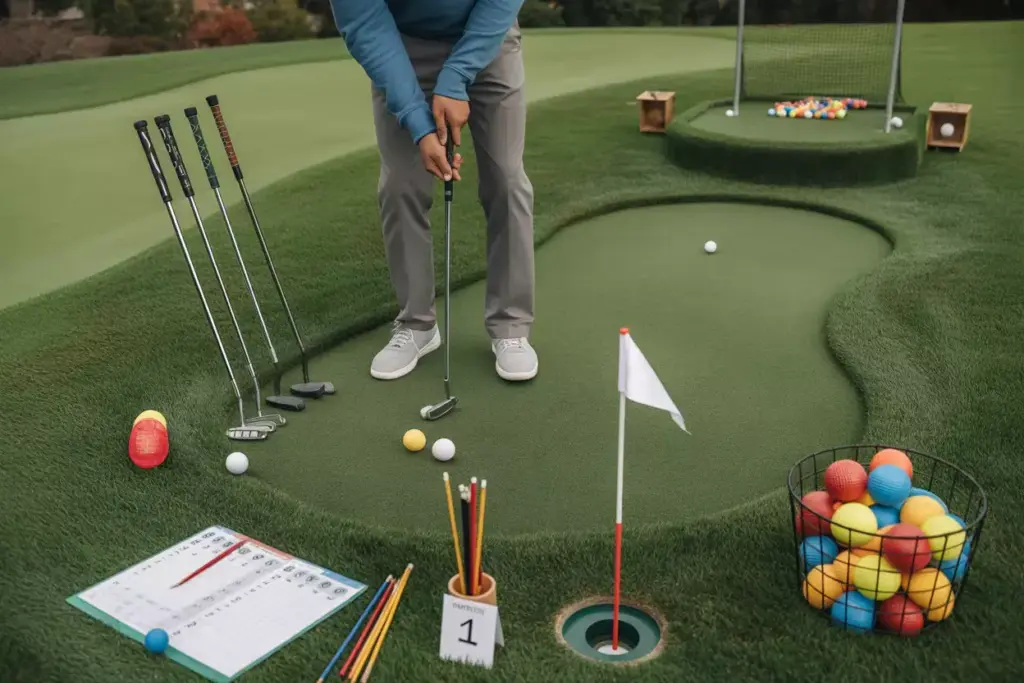 Guests Playing On A Portable Putting Green With Colored Golf Balls Putters And Scorecards At Party