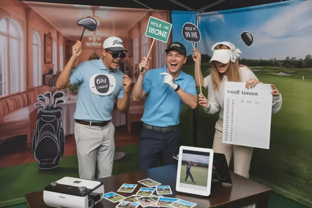 Golf Themed Photo Booth With Backdrop Guests Using Oversized Clubs Hats And Hole In One Signs