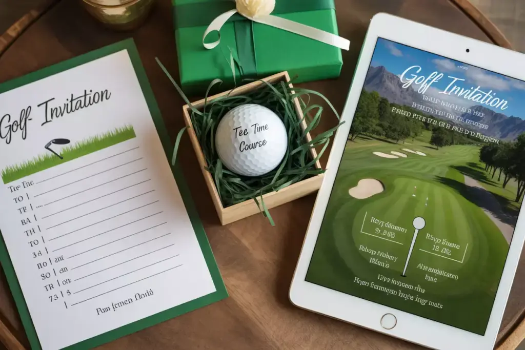 Scorecard Golf Ball And Digital Invitation Flat Lay On Wooden Table