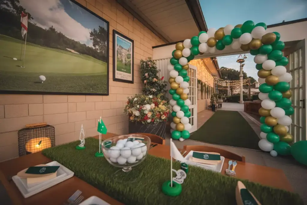 Indoor Party Space With Golf Themed Decorations And Ambient Lighting