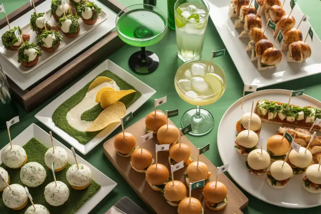Buffet Table With Golf Ball Cheese Balls And Signature Themed Cocktails