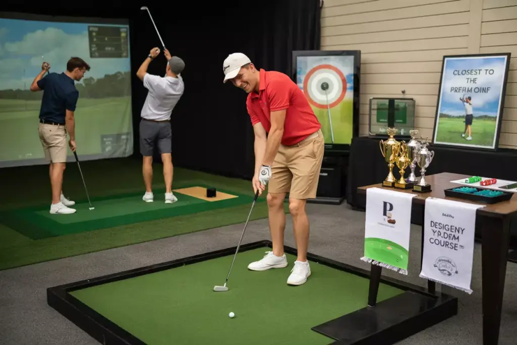 Guests Playing Mini Putt And Golf Simulator At An Indoor Party Venue