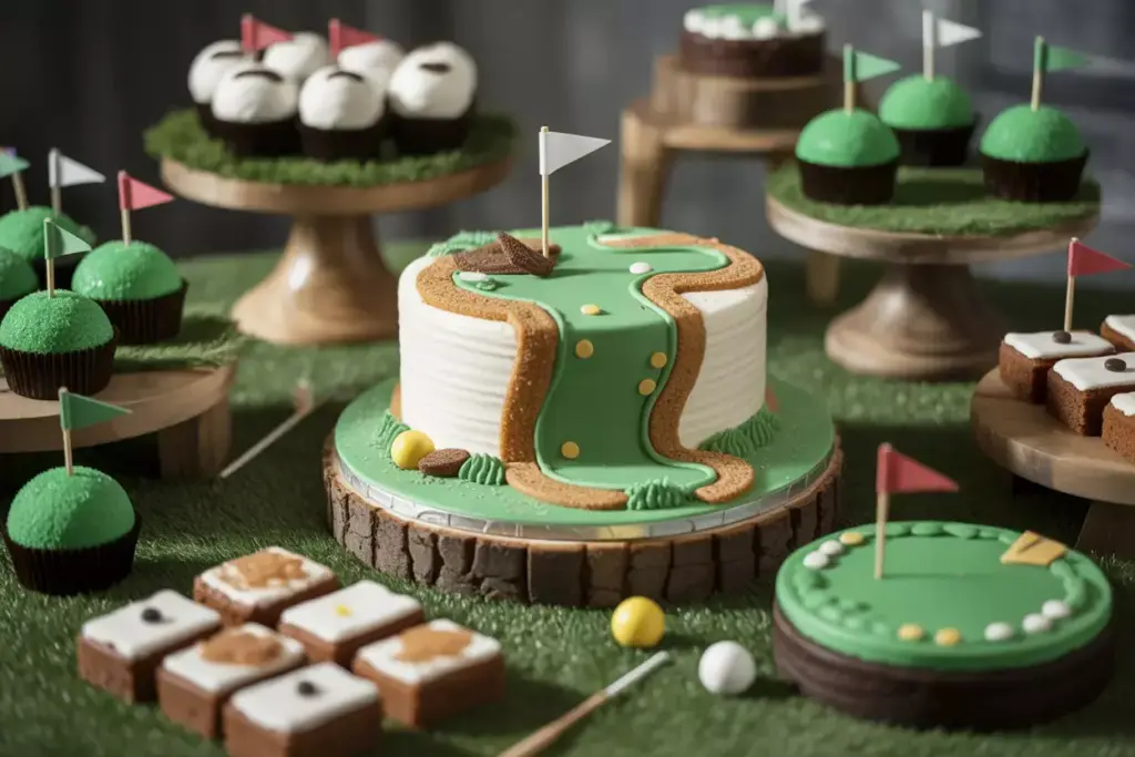 Tiered Golf Course Cake With Surrounding Desserts On Artificial Grass Table