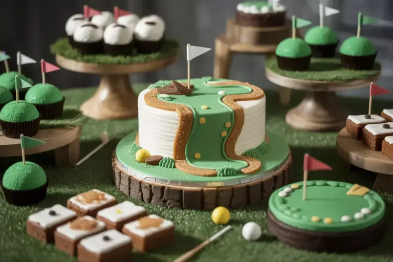 Tiered Golf Course Cake With Surrounding Desserts On Artificial Grass Table