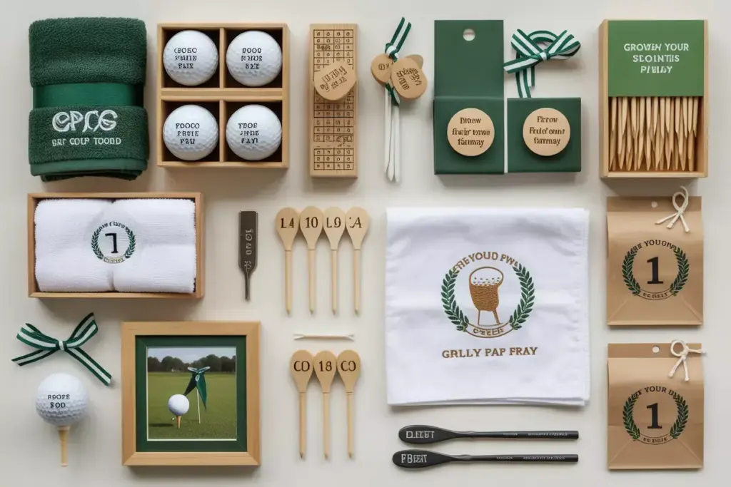 Personalized Golf Balls Towels And Keepsakes Arranged As Party Favors