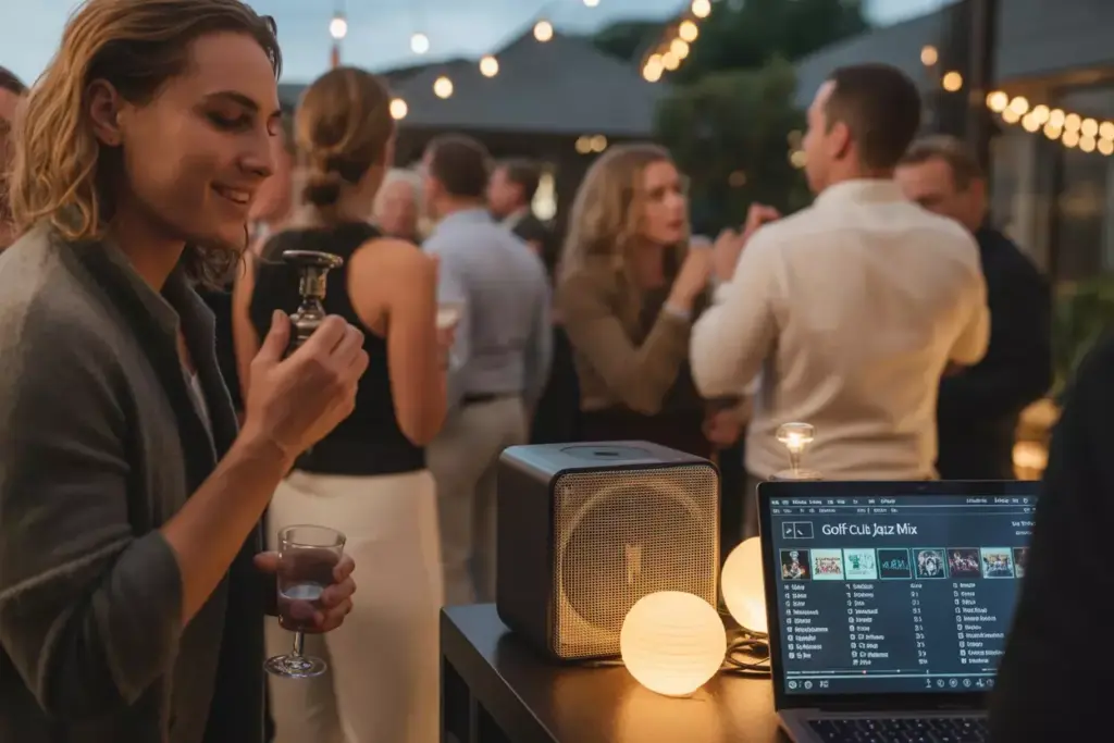 Guests Mingling In A Softly Lit Space With Background Jazz Music Playing