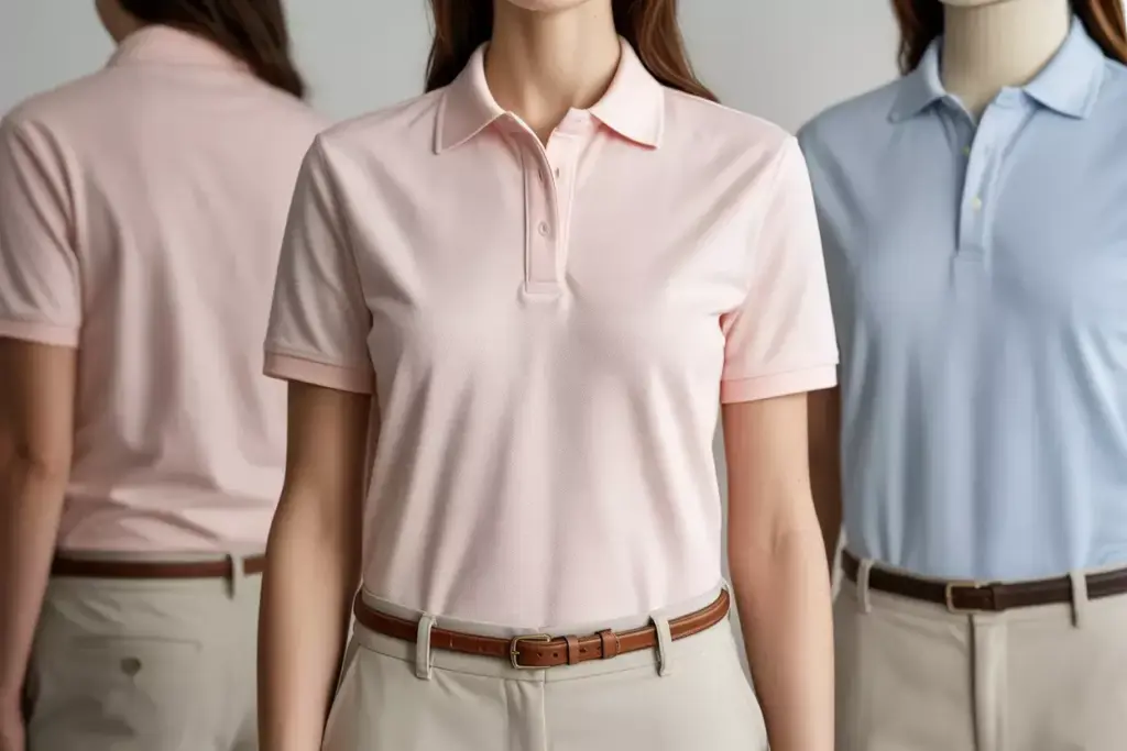 Classic Polo Shirt Pima Cotton Soft Pastel Color With Leather Belt On Mannequin Studio Shot